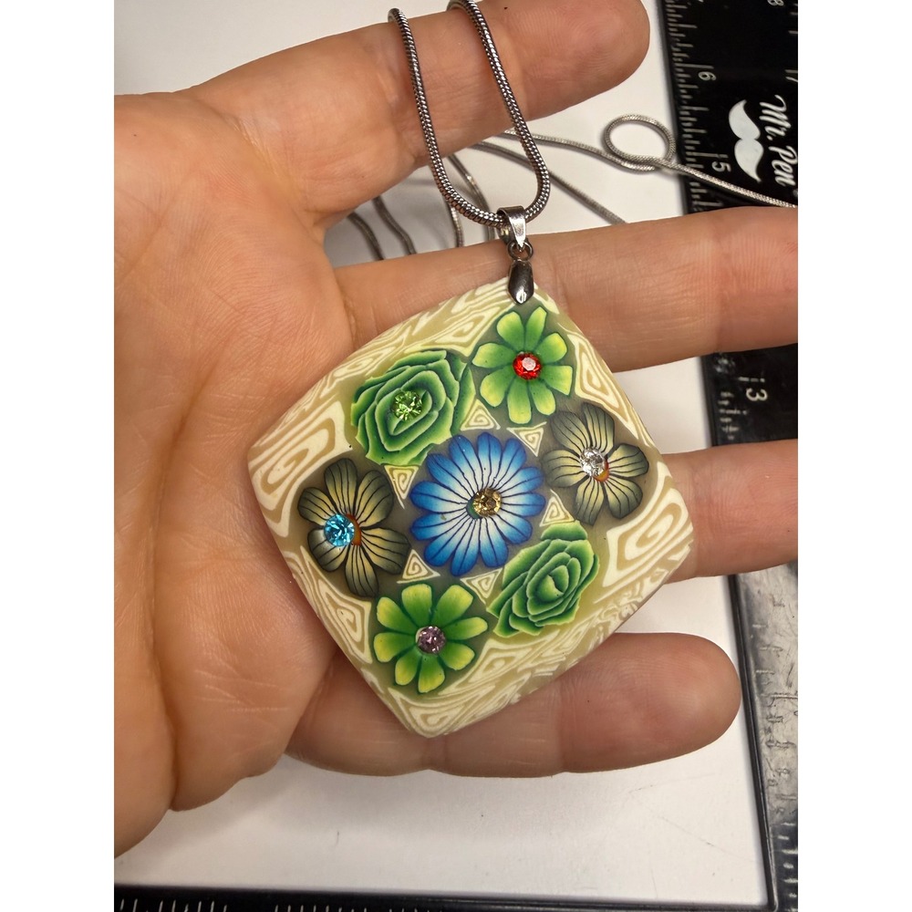 Handmade Millefiori Polymer Clay Floral Pendant Necklace Silver Tone Snake Chain